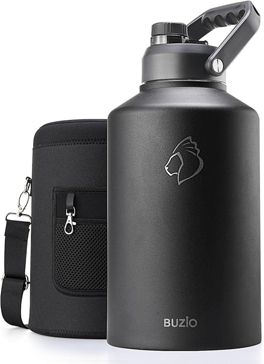 BUZIO 1.5 Gallon Water Bottle Insulated, (Cold for 48 Hrs) 196oz Large Water Jug Stainless Steel, 3.58in Big Wide Mouth Leak Proof BPA Free Flask with Carrying Sleeve for Camping,Gym,Travel, Black