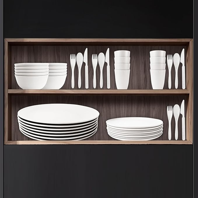 Wrova Wheat Straw Plate and Bowl sets with cups and cutlery set of 64 - Unbreakable Dinnerware service for 8 - Microwave and Dishwasher safe dish sets for kitchen,indoors and out doors.White