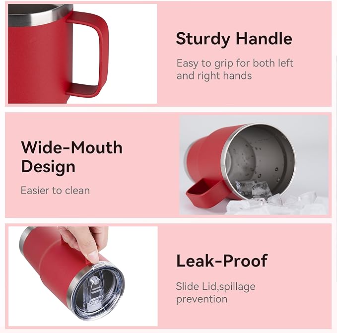 20oz Tumbler with Lid, Stainless Steel Tumbler with Handle, Metal Insulated Travel Coffee Mug with Handle, Double Wall Vacuum Spill Proof Tumbler Cup, Red 1 Pack