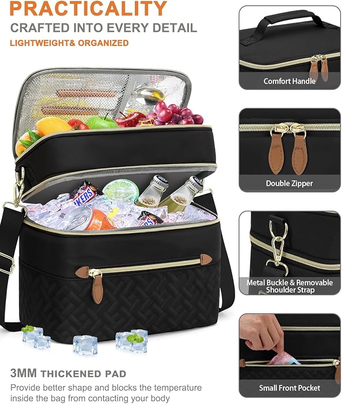 Capolo Lunch Box for Women Men Adults,Double Deck Insulated Lunch Bag Leakproof Lunch Cooler Box with Removable Strap Lunch Tote Bags Reusable Thermal Lunchbox for School Work Picnic(Large,Black)