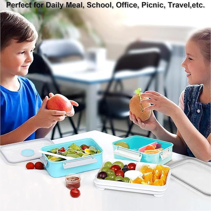 3 Pack Salad Lunch Box Food Storage Containers, 47oz Bento Box To Go Container with Lids, Meal Prep Containers with Removable Tray & Dressing Pots for Kids and Adults, Reusable and Microwave Safe