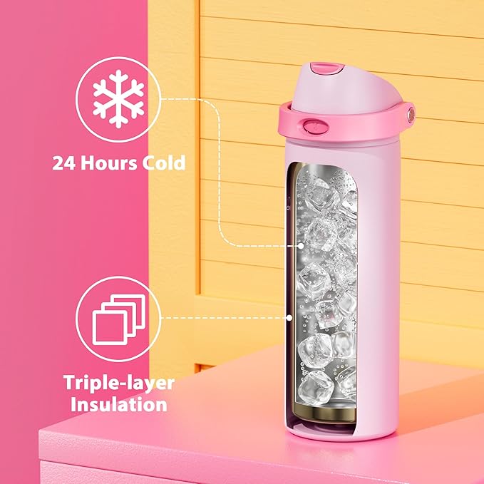 24 oz Insulated Water Bottle for Sports: Meoky Stainless Steel Water Bottle with 2-in-1 Straw and Spout Lid - Leak Proof, Cold for 24 Hours, Fits in Car Cup Holder, BPA-Free for Women Travel, Blush