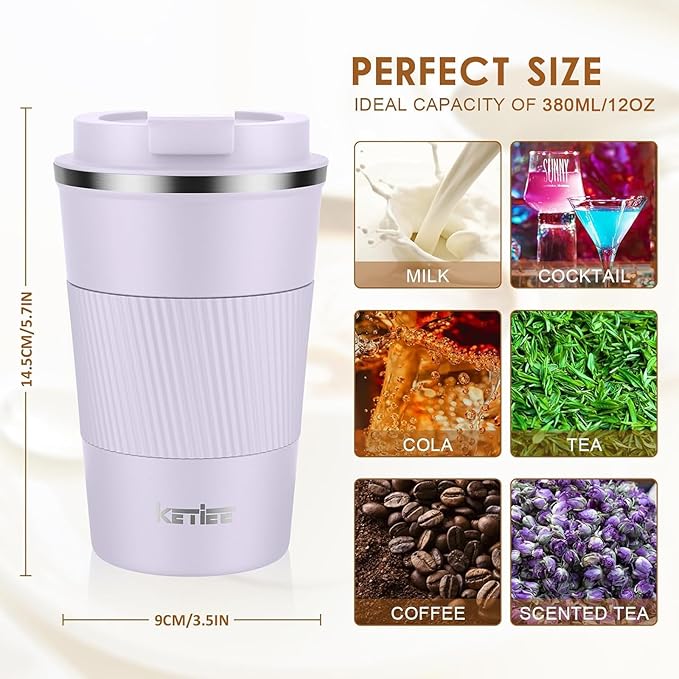 KETIEE Travel Mug 12oz: Insulated Coffee Mug with Leakproof Lid, Travel Coffee Mug Vacuum Stainless Steel Double Walled Reusable Coffee Cup for Hot and Iced Coffee Tea Water (Purple)
