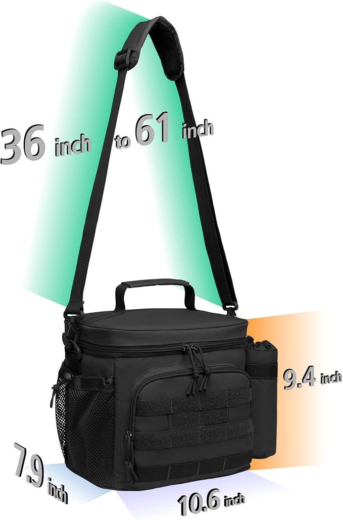 TACTICISM Tactical Lunch Box for Men, 12L MOLLE Lunch Bag Adult, Up to 8 Hours Insulated lunchbox, Large Durable Leakproof Cooler with Detachable Water Bottle Pouch, for Work Camping Fishing, Black
