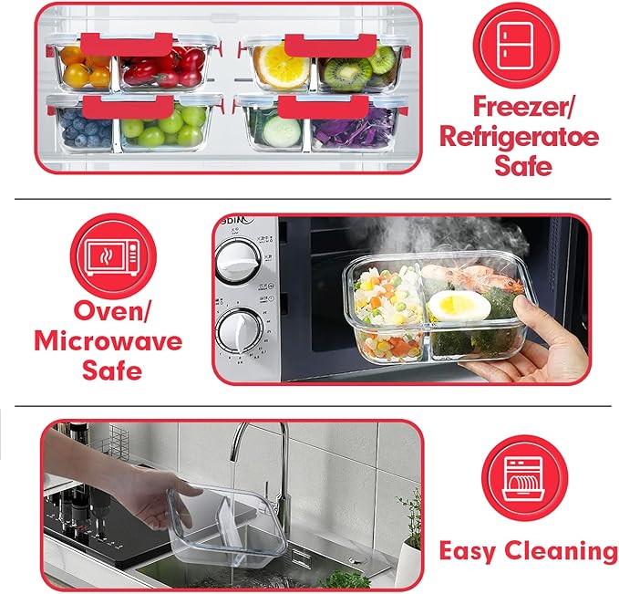 VERONES 10 Pack Glass Meal Prep Containers 2 Compartment Set, 36OZ Airtight Lunch Containers, Glass Food Storage Containers with Lids, for Microwave, Oven, Freezer & Dishwasher Friendly,Red