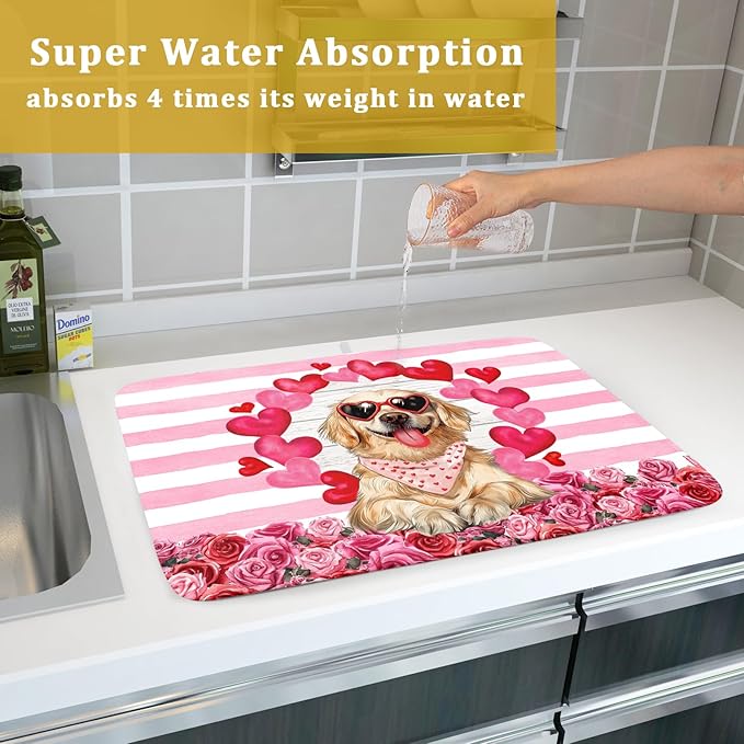 Valentine's Day Dog Dish Drying Mat for Kitchen Counter 18x24 inch Heart Rose Absorbent Dish Drainer Rack Mats for Coffee Bar Countertop