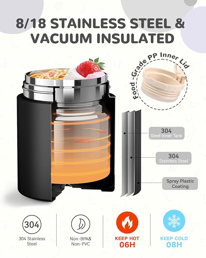 10oz Soup Thermo for Hot Food Kids Insulated Food Jar with Spoon Wide Mouth Stainless Steel Lunch Container Leak Proof Vacuum Food Box for School Travel Picnic Black