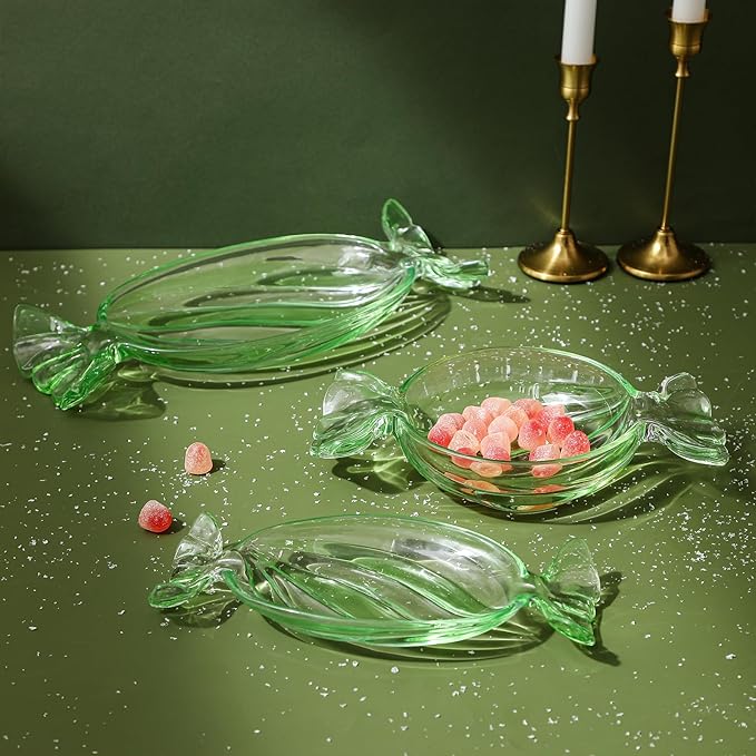 Christmas Candy Glass Plate, Christmas Theme Serving Tray for Holiday Desserts, Cookies & Candy Display, Festive Party Bowl, Green Xmas Decorations Round