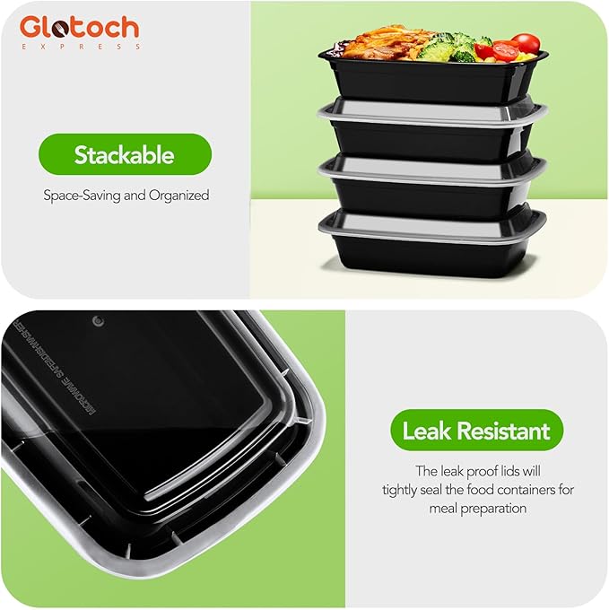 100-Piece (50-Pack) 24 OZ Meal Prep Containers Reusable with Lids, Sturdy Leakproof & Food Safe, Microwave, Freezer, Dishwasher Safe To Go Food Containers, Plastic Take Out Containers, Black