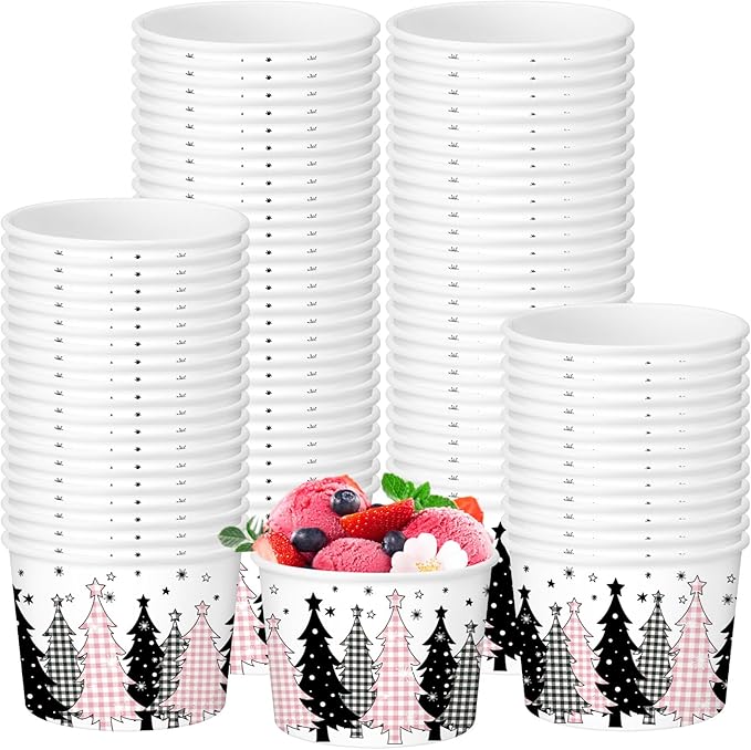 50 Pack Christmas Tree Treat Snack Cups Pink Gingham Buffalo Plaid Paper Ice Cream Cups 9 oz Xmas Tree Disposable Dessert Bowls for Hot or Cold Food Winter Xmas Holiday Party Supplies