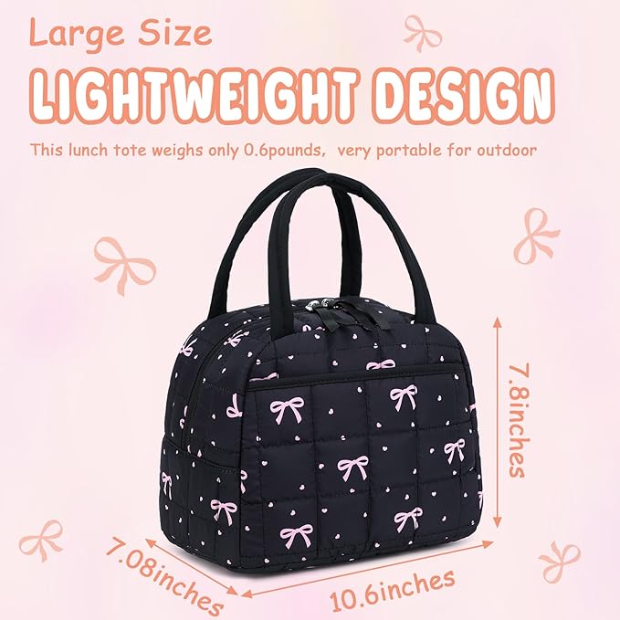 BTOOP Lunch Box for Women Men Cute Corduroy Lunch Bags Large Capacity Insulated Lunch Tote Bag For Work Travel Or Picnic (Pink Bow)