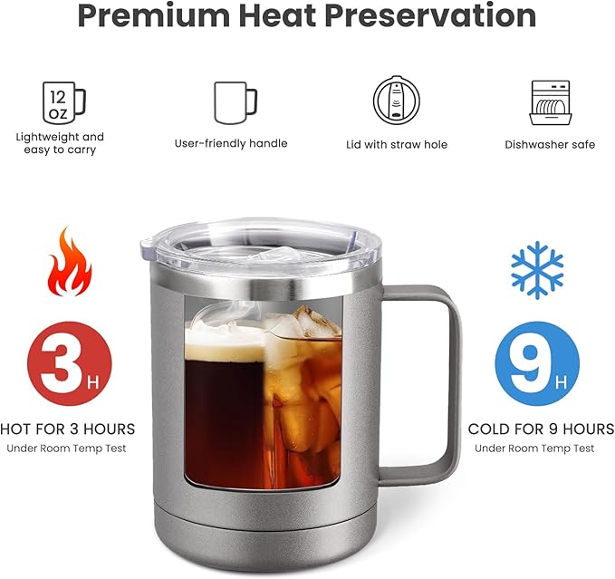 MEWAY 12oz Coffee Mug With Handle 8 Pack Bulk,Stainless Steel Insulated Travel Tumblers With Sliding Lid,Double Wall Vacuum Camping Cup for Hot & Cold Drinks Tea (Cold Grey,Set of 8)