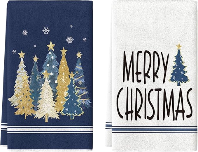 Artoid Mode Blue Xmas Tree Merry Christmas Kitchen Towels Dish Towels, 18x26 Inch Farmhouse Star Snowflakes Decoration Cleaning Set of 2