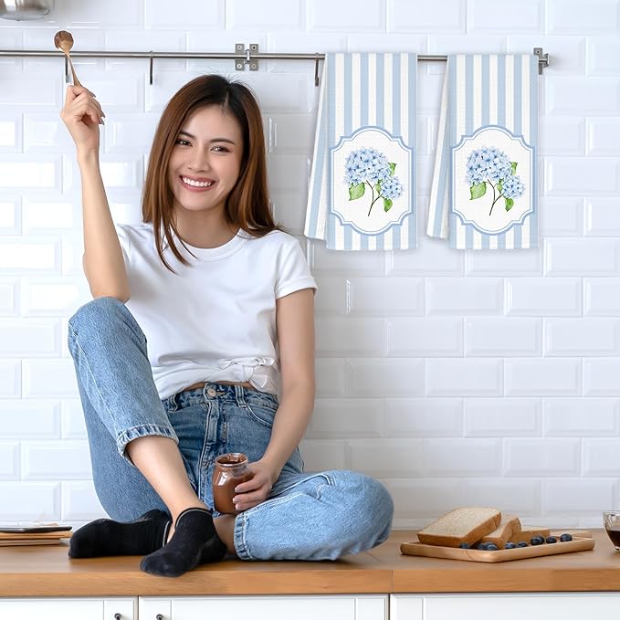 Blue Hydrangea Floral Kitchen Towels Set of 2, Cottagecore Botanical Dish Tea Towel for Kitchen, Blue and White Grand Millenial Stripes Decorative Hand Towels for Bathroom, 16x24 Inch