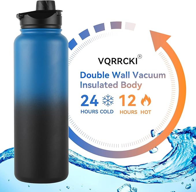 40 oz Insulated Water Bottle with Straw, Stainless Steel Sports Water Bottles with 2 Lids (Straw and Wide Mouth lid), Double Wall Vacuum, Leakproof, BPA-Free, Blue Black Gradient
