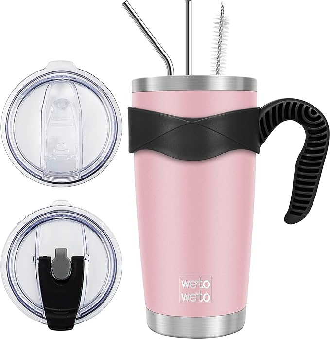 WETOWETO 20oz Tumbler with 2 lids and 2 straws, Stainless Steel Vacuum Insulated Water Coffee Tumbler Cup with Handle, Double Wall Powder Coated Travel Mug Thermal Cup (Ice Pink, 1 Pack)