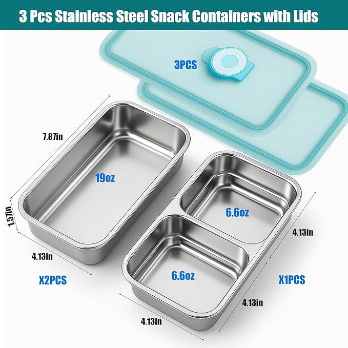 3Pcs Stainless Steel Snack Containers - Reusable Double Compartment Condiment Box with Lids for Kids Adults, Grab and Go Divided Snack Food Lunch Storage Containers Sauce Cups for School, Travel