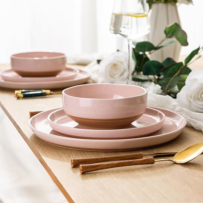AmorArc Ceramic Dinnerware Sets for 8, 24 Pieces Handpainted Speckled Plates and Bowls Set with Rustic Terracotta Underside, Scratch Resistant Stoneware Dishes Set, Dishwasher & Microwave Safe, Pink