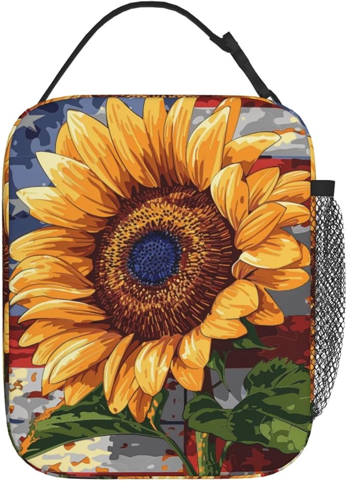 Sunflower Lunch Box for Kids Aldults, Patriotic Floral Reusable Thermal Insulation Cooler Tote Bags, American Flag Rustic Bloom Insulated Bag for Student, School Picnic Camping Travel, Gifts