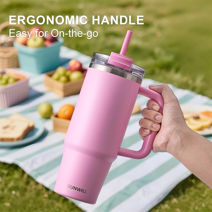 SUNWILL Coffee Tumbler with Handle, 30 oz Travel Mug with Lid and Straw Insulated, Stainless Steel Cup Leak Proof for Travel & Outdoor, Cupholder Friendly, Powder Coated Pink