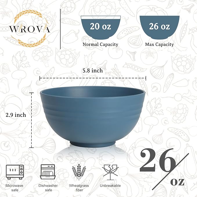 Wrova 6-piece Wheat Straw Bowls sets 26oz,Alternative Plastic Bowls Reusable for indoors and outdoors,Microwave-able and Dishwasher Safe Bowls Sets Easy to Clean.Blue Series