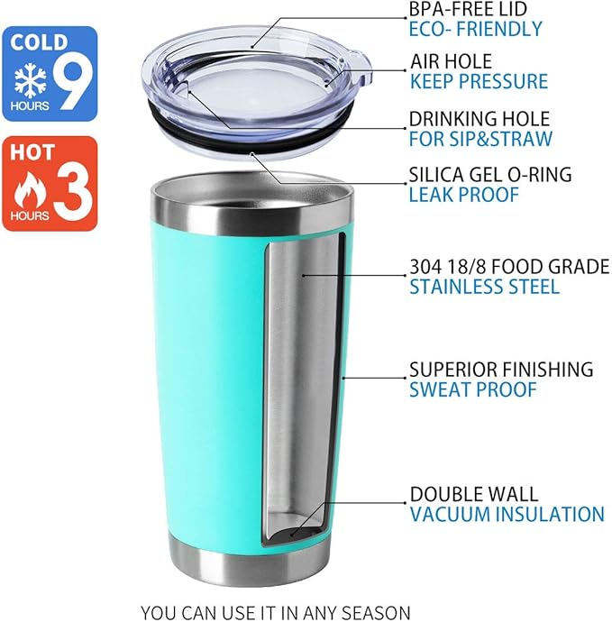 HASLE OUTFITTERS 20oz Stainless Steel Tumblers Bulk, Insulated Travel Cup with Lid, Double Wall Vacuum Coffee Mug for Cold & Hot Drinks 4 Pack, Light Blue
