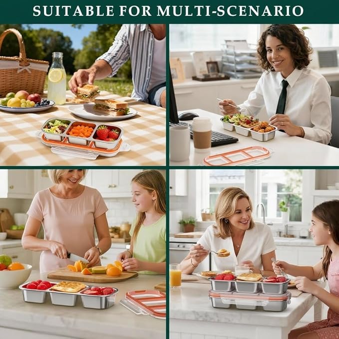 QCQHDU Snack Containers, Reusable Stainless Steel 3 Compartment Condiment Metal Bento Lunch Box with Lids, Divided Snack Food Storage Lunchable Containers for Home, Work, Travel, Camping, 5 Pack