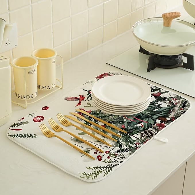 Christmas Dish Drying Mat 18 x 24 inch Winter Christmas Tree Pine Trees Decorative Drying Mats Microfiber Absorbent Xmas Decor Dish Washable Draining Mat for Kitchen Counter