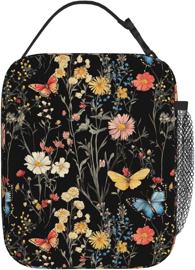 SUPLUCHOM Lunch Bag Wildflower Botanical Butterfly Flower Insulated Bento Box Cooler with Side Pocket for Girl Boy Women Men Work School Picnic Hiking Daytrip