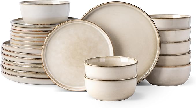 GBHOME Ceramic Dinnerware Sets for 8, 24 Pieces Stoneware Plates and Bowls Sets, Scratch Resistant Dishes, Dishwasher & Microwave Safe, Reactive Glaze-Cappuccino