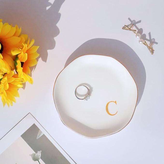 Ceramic Jewelry Tray Initial Ring Dish Personalized C-Monogrammed Engagement Wedding Gifts, for Birthday Mother's Day Christmas for Women, Ceramic White 4.75" (C)