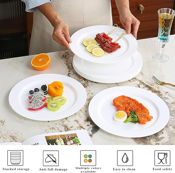 Berglander White Plastic Plates Set of 8 Pieces 10", Reusable Flat Dinner Plates, Salad Plates, Pasta Bowls, Dishes Set Easy to Carry for Home, Garden, Picnic, Camping, Outdoor