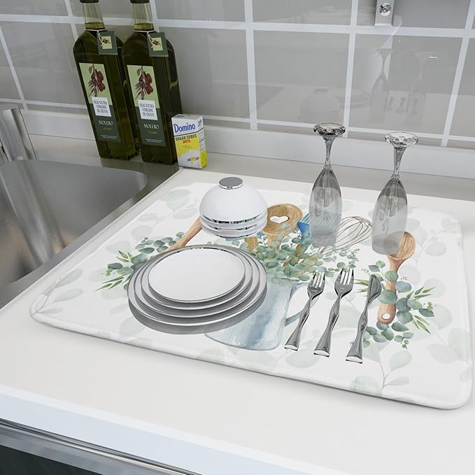 Sage Green Dish Drying Mat for Kitchen Counter, Cooking Supplies Reversible Dish Drainer Rack Pad Fast Dry Kitchen Accessories 18x24 Inch