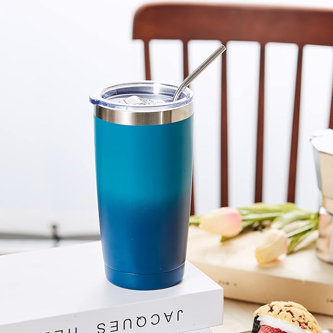 COMOOO 20oz Tumbler with Straw Stainless Steel Insulated Coffee Tumbler Cups Double Wall Vacuum Travel Coffee Mug with Splash Proof Sliding Lid for Hot Cold Drinks (Dark Night, 8 Pack)