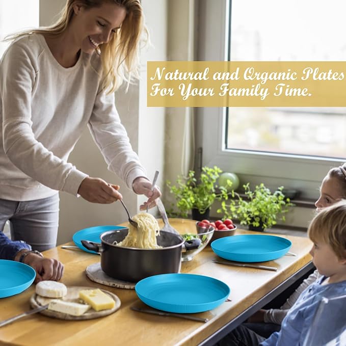 Wrova Wheat Straw Plates 10 Inch - Unbreakable Dinner Plate Set of 8 - Dishwasher & Microwave Safe Plastic Plates Reusable - Lightweight Deep Plate for Kitchen,Outdoor,Dorm (Blue)