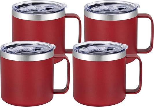 VEGOND 14 oz Insulated Coffee Mug Bulk with Handle, Stainless Steel Travel Coffee Mug with Lid, Double Wall Vacuum Metal Coffee Cup, Coffee Tumbler Powder Coated, Red 4 Pack