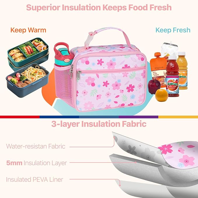 Bagseri Kids Lunch Bag for Girls - Insulated Kids Lunch Box for Daycare and School Reusable Meal Tote Bag with Water Bottle Holder, Easy-Clean Water-Resistant Fabric, Pink Floral