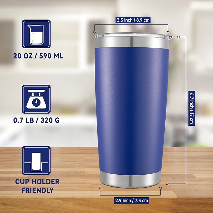 20 oz Tumbler Stainless Steel Tumblers with Lid Double Wall Vacuum Insulated Coffee Mug 20oz Powder Coated Cup for Hot and Cold Drinks, Blue, 1 pack