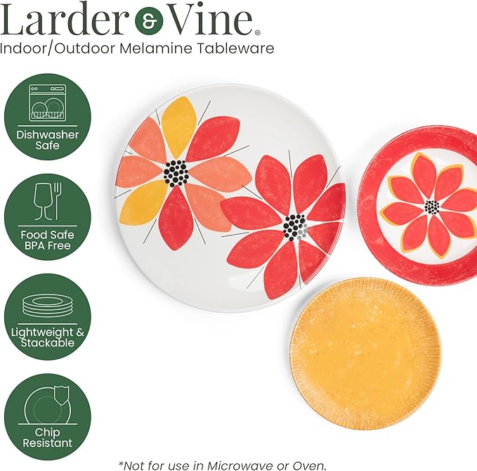 Larder & Vine 12-Piece Melamine Dinnerware Set: Durable, Lightweight, Break-Resistant Plates & Bowls – Stylish, Non-Toxic, Dishwasher Safe – Ideal for Everyday Use, Indoor & Outdoor Dining – Floral