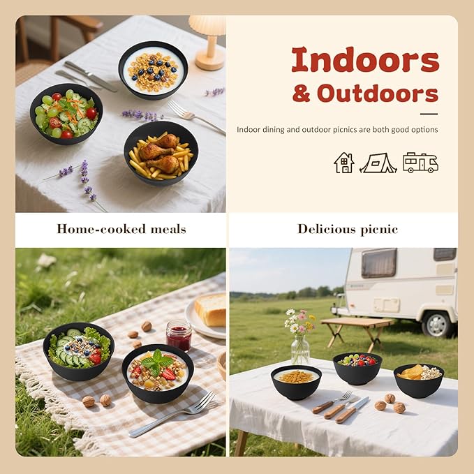 Wrova Wheat Straw Camping Bowls Sets of 6,Unbreakable 26oz Lightweight Bowls Sets for Outdoors Activity,Breakfast Bowls for Cereal and Salad.Black Series