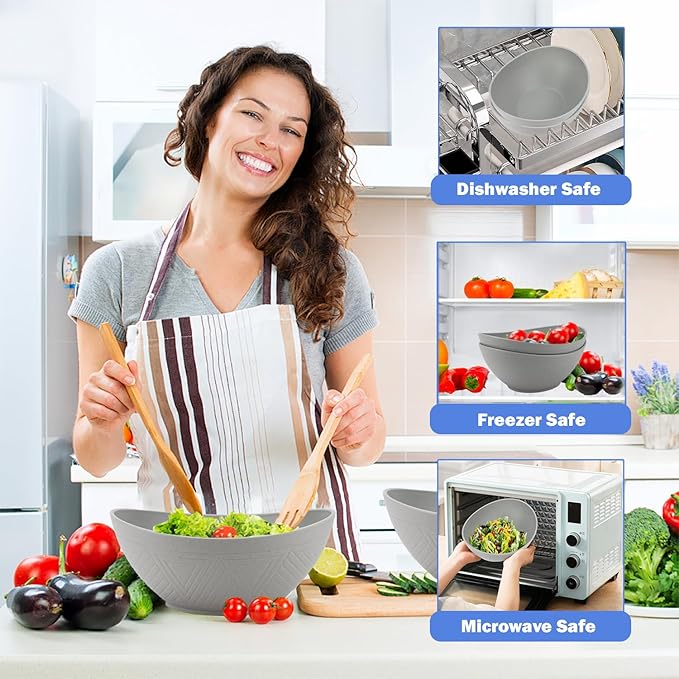 Wrova Wheat Straw Bowls Set,Unbreakable Large Salad Bowls Set of 2,Microwave and Dishwasher Safe Bowls Plastic Bowls for Eating,BPA Free Salad Bowl for Serving,Oatmeal and Salad.Gray