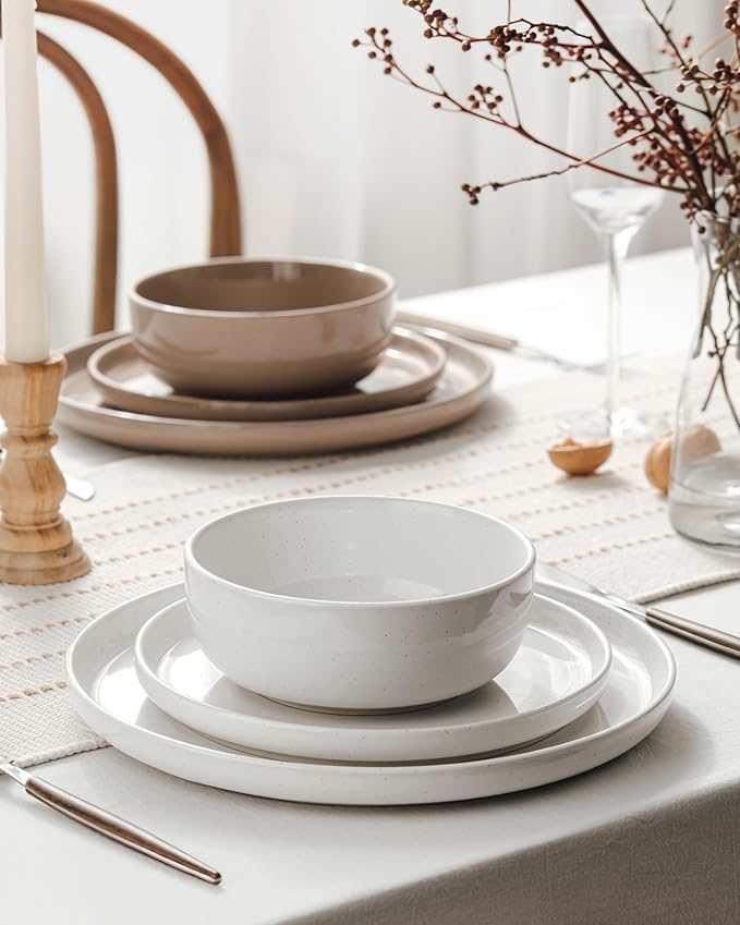 Famiware Milkyway Stoneware Dinnerware Sets with Pasta Bowls, Service for 4 (16 Pieces), Plates and Bowls Sets -Scratch Resistant, Microwave and Dishwasher Safe Dishes Set, Multi-color