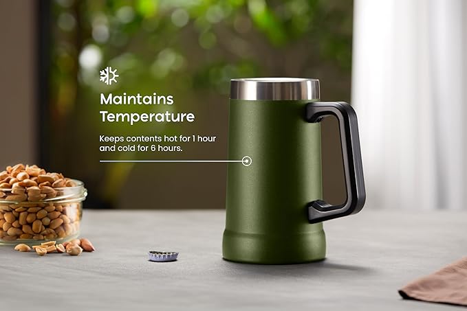 KooK Beer Stein, Stainless Steel Coffee Mug, Tumbler with Thermal Vacuum Insulation, Double Walled Drinking Cup, Large Handle, Shatterproof, Olive, 23.7 oz