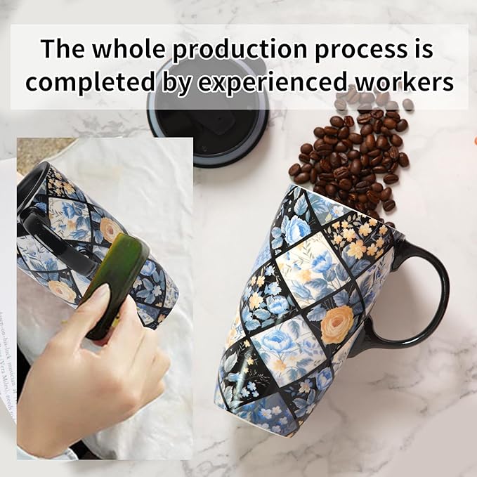 Topadorn Ceramic Mug Porcelain Latte Tea Cup Coffee Mug with Gift Box 17oz.Plaid Flower