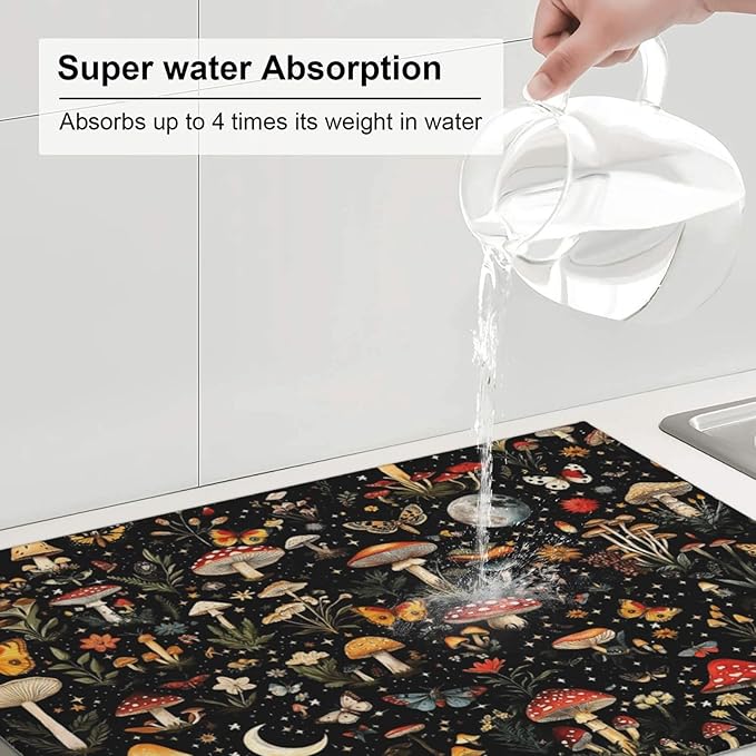Black Forest Mushroom Butterfly Dish Drying Mats, Absorbent Microfiber Cute Decorative Kitchen Counter Mat, Washable, Reusable, Foldable for Dishes Utensils, Small Appliances, Home Decor, 18 x 24 inch