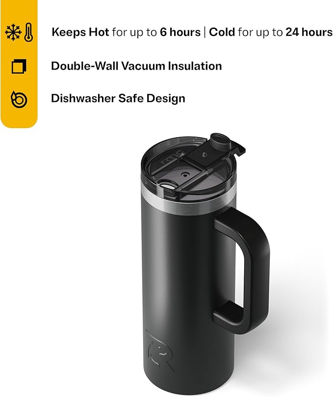 RTIC 20oz Road Trip Travel Mug with Lid and Handle, Ceramic Lined, Insulated, Stainless Steel, Metal, Double Wall Vacuum-Insulation, Portable Coffee, Tea Cup for Hot and Cold Drink, Black