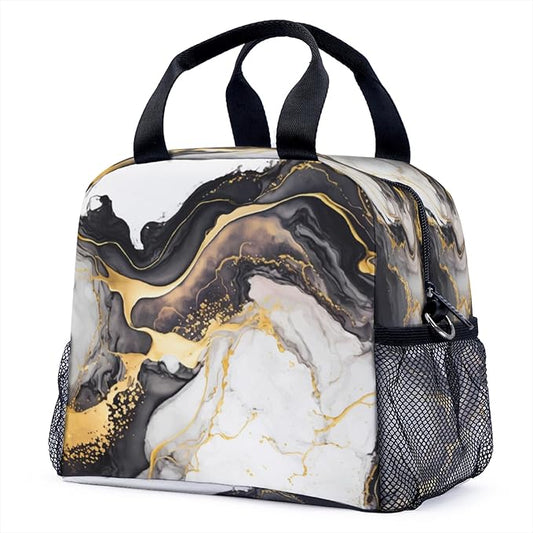 Black Gold White Marble Pattern Lunch Bag for Women Men Cute Large Capacity Thermal Lunch Tote Reusable Washable with Adjustable Shoulder Strap and Dual Large Mesh Side Pockets
