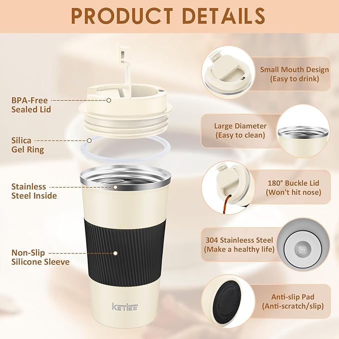 KETIEE 12oz Travel Mug: Vacuum Insulated Coffee Cup with Leakproof Lid, Travel Coffee Mug Stainless Steel Double Walled Reusable Coffee Cup for Hot and Cold Water Coffee (Beige)
