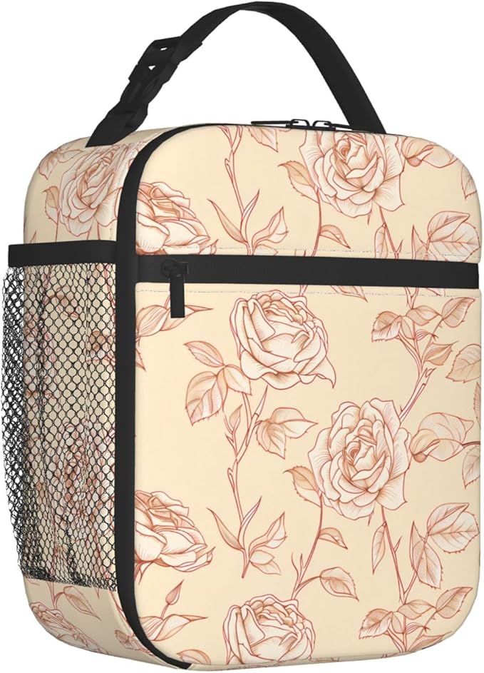 Reusable Floral Rose Lunch Box for Kids Girls Boys Women Adult, Insulated Vintage Flower Lunch Bag,Polyester Cooler Handbags Case for School Picnic Work Travel Beach or Hiking