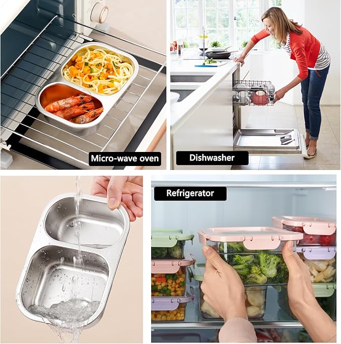 Stainless Steel Snack Box Containers, Reusable 2 Compartment Condiment Box with Lids, Food Container Sauce Cups, Divided Food Storage Containers for Home and Travel (Black)